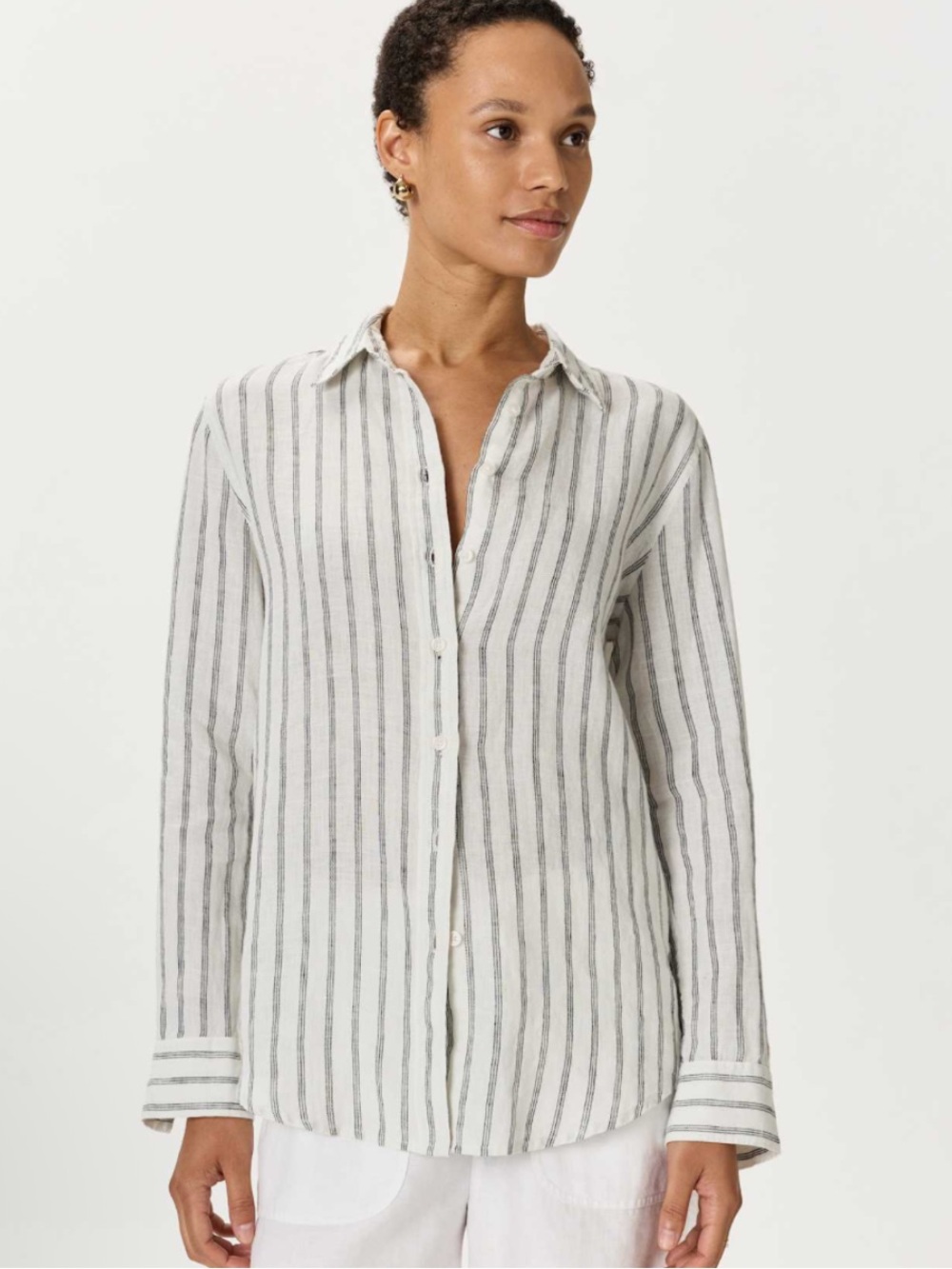 Quince linen White Shirt with black  Vertical Stripes